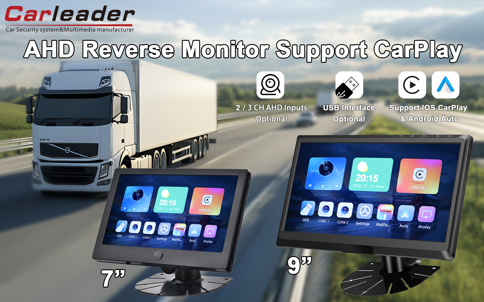 Carleader 9 Inch IPS 2AV AHD Vehicle Monitor Support CarPlay Multimedia: Your Gateway to Smarter, Safer Driving