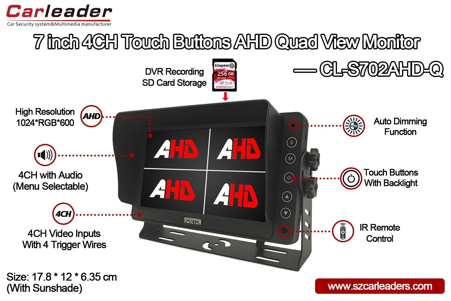 7 inch AHD quad rear view monitor